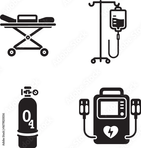 Medical equipment icons set featuring hospital bed iv drip oxygen tank and defibrillator for healthcare services silhouette
