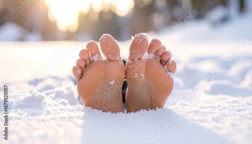 Bare feet in a snow-covered landscape