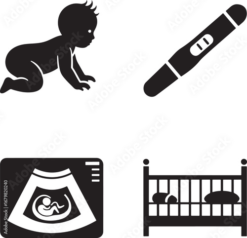 Four icons representing pregnancy family planning and newborn care with baby crib ultrasound pregnancy test and crawling infant silhouette