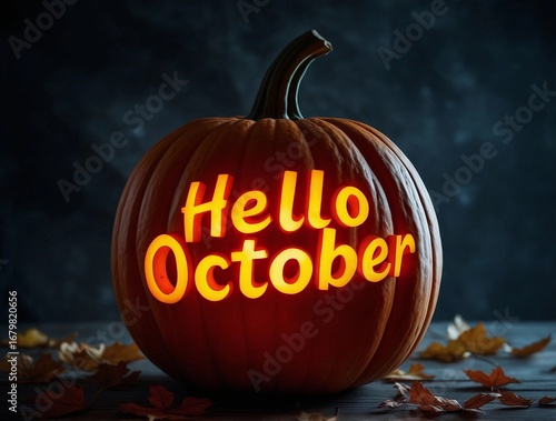 Carved pumpkin with glowing October message and leaves