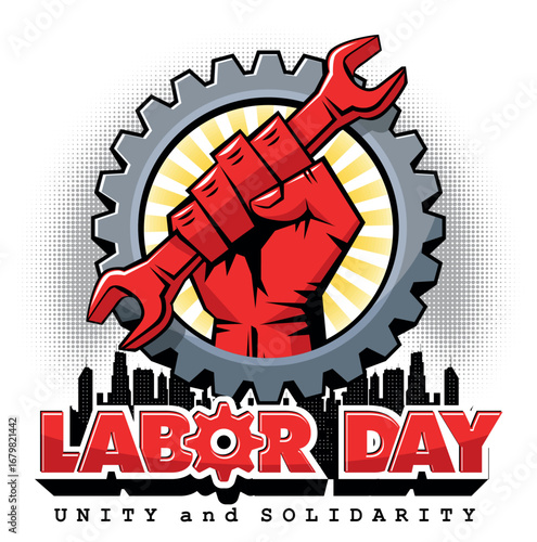 Happy labor day card with red fist with wrench on sunrise, gear and city. Vector template for poster, greeting card on transparent background