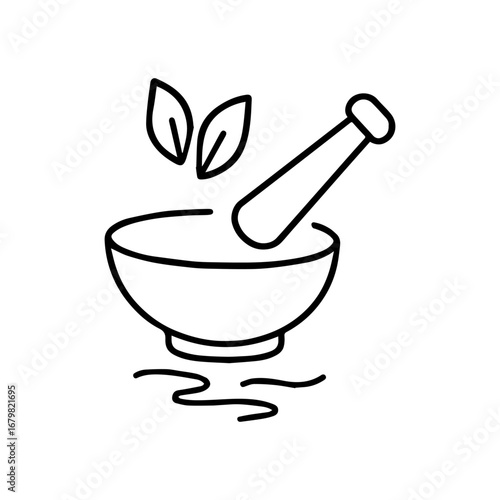 mortar and pestle with herbs vector