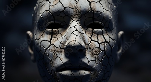 Surreal cracked human face texture symbolizing drought and decay.