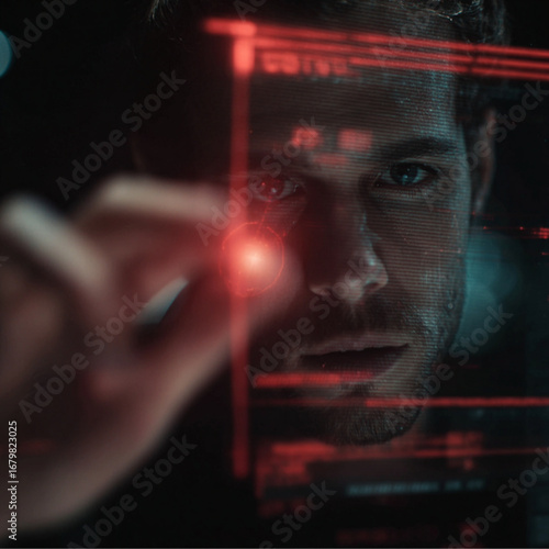 A man's face is partially obscured by a digital interface that features glowing red lines and data. A bright red light is focused on one of his eyes, and the scene is visually dramatic.