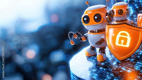 Friendly Robots Guarding Digital Data Server with Glowing Security Shield