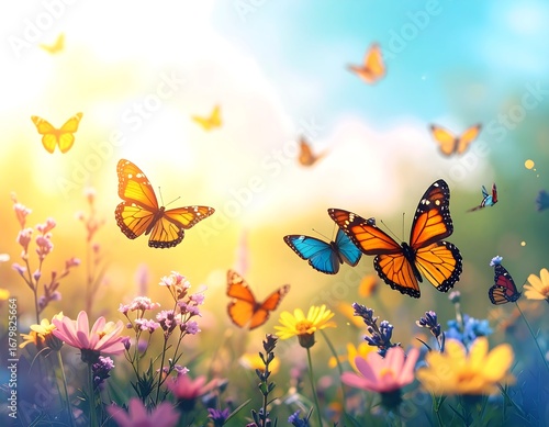 Vibrant butterflies flit amidst wildflowers bathed in sunlight