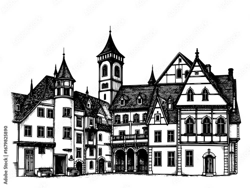 Fototapeta premium European building complex in wood-block print style, in black and white
