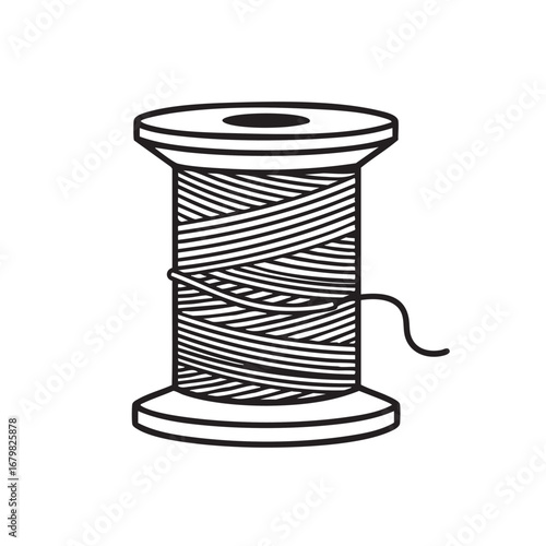 Black and white illustration of a spool of thread with thread unwinding on a white background