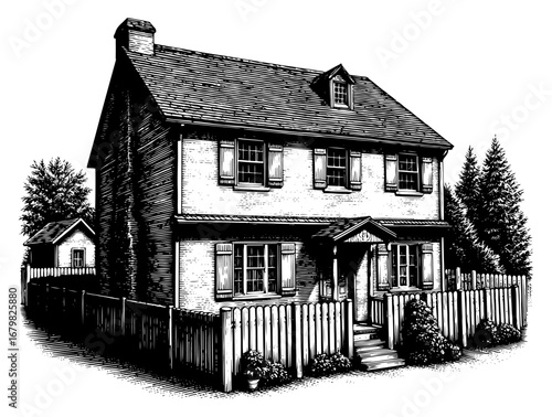 Two-story house with picket fence in woodblock style, representing suburban life