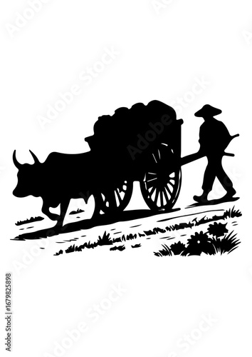 Ox Cart with Farmer Silhouette