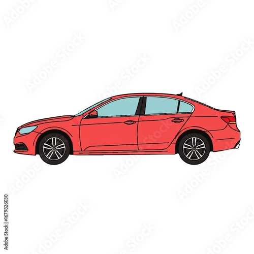 Illustration of a red sedan car, side view, on a white background.
