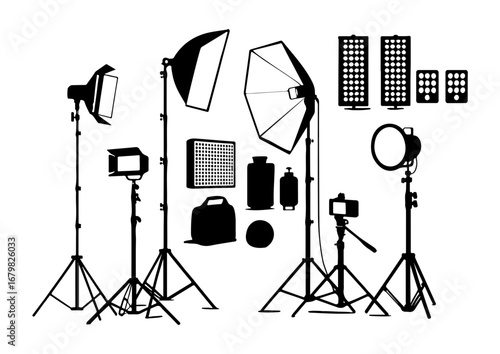 Silhouette of Professional Photography and Lighting Equipment