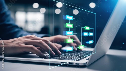 Person coding on a laptop bright glowing flowchart above keyboard Data streams connection visualization represents software engineering information technology progress and online work