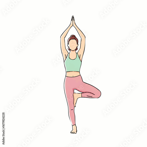 Woman in tree yoga pose balancing on one leg with hands together above head.