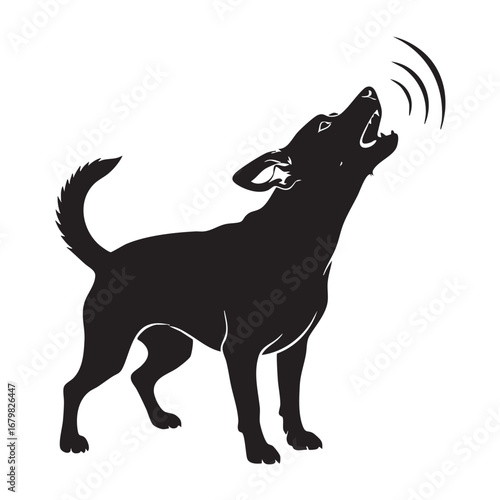 Black Silhouette of a Dog Howling with Sound Waves Emanating on a White Background canine animal
