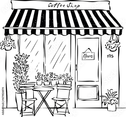Fachada de cafetería dibujada a mano. Ilustración de tienda de café. Dibujo de escaparate europeo