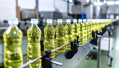 The process of packaging oil in plastic bottles 