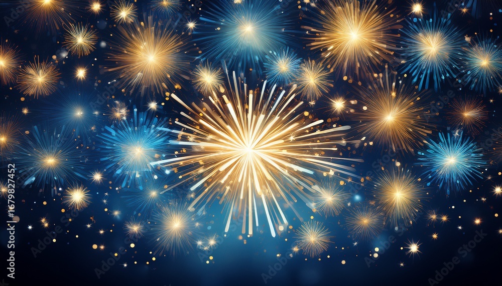 Naklejka premium firework burst overlay of twinkling stars against a dark blue background radiant glow fireworks starburst