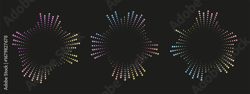 Circular sound wave with dotted equalizer bars. Vibrant radial audio signal design in neon colors, ideal for voice recognition or radar concepts. Vector illustration.