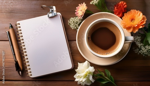 caffeinated coffee with flowers and notepad on a desk