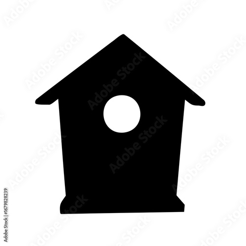 Black silhouette illustration of a simple birdhouse with a circular entrance hole