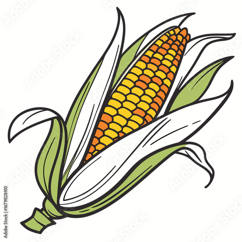 Golden Corn Delight: A vibrant, hand-drawn illustration of a single, luscious ear of corn, bursting with the colors of harvest season and symbolizing the bounty of the earth.