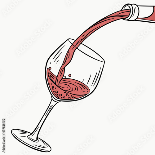 Pouring Wine: A captivating illustration showcases a bottle pouring vibrant red wine into a pristine wine glass. The flowing liquid forms a mesmerizing swirl, embodying elegance and refreshment.