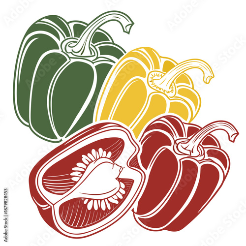 Vibrant Capsicum Quartet: A beautifully detailed illustration of capsicum peppers, each in a different hue – green, yellow, and red. Showcasing their diverse beauty and fresh appeal.