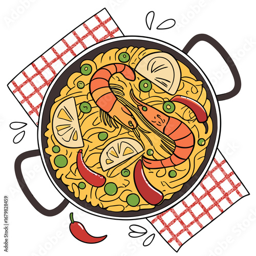 Vibrant Paella Illustration: A captivating illustration showcasing a traditional paella dish, adorned with fresh shrimp, zesty lemon wedges, and vibrant chili peppers.