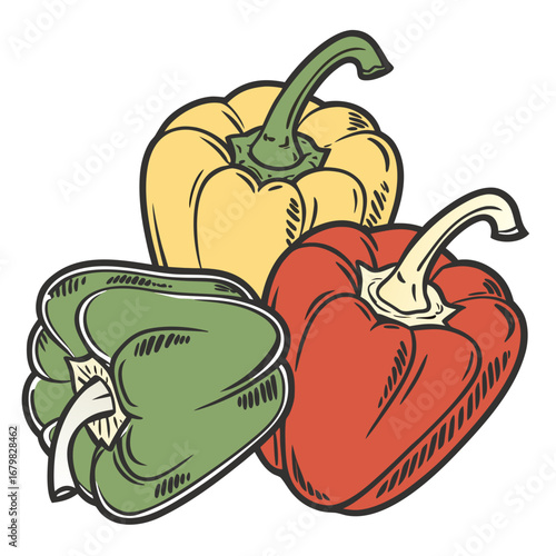 Vibrant Capsicums Trio: Three colorful capsicums, red, green and yellow, artfully arranged together, inviting a sense of natural, fresh, and flavorful culinary possibilities.