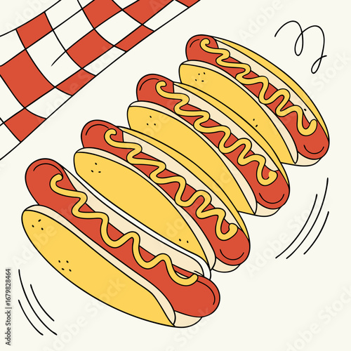 Hot Dogs: A mouthwatering artistic display of golden-toasted buns cradling juicy hot dogs, generously drizzled with tangy mustard, a delightful image