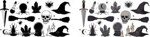Set of witchcraft items. Collection of witchy magic equipment dagger, celestial crystal, skull, potions, bugs, candles, and crystal balls. Vector illustration of mythical elements