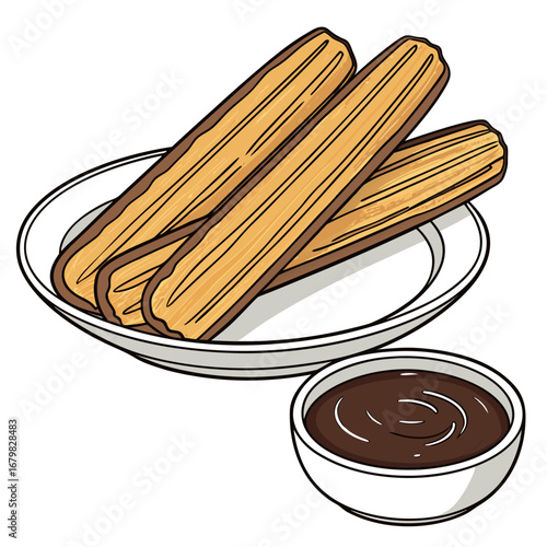 Churros with chocolate: Delight in a close-up presentation of fresh churros, delightfully arranged on a pristine plate, poised alongside a bowl of rich, tempting chocolate sauce.