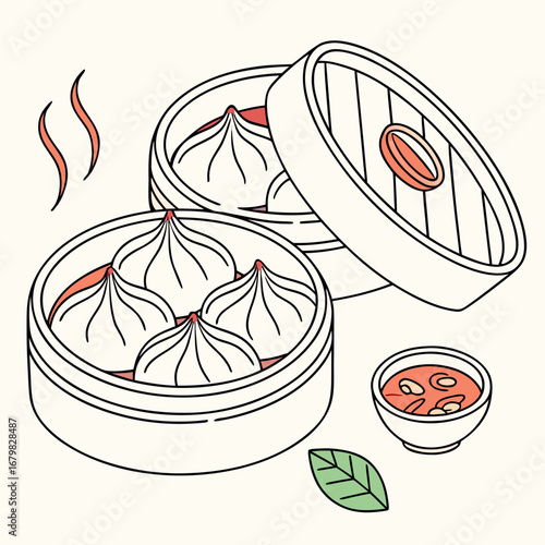 Steamed Dumplings and Delights: A line art illustration presents a delightful display of steamed dumplings served in traditional bamboo steamer baskets alongside a bowl of savory sauce.