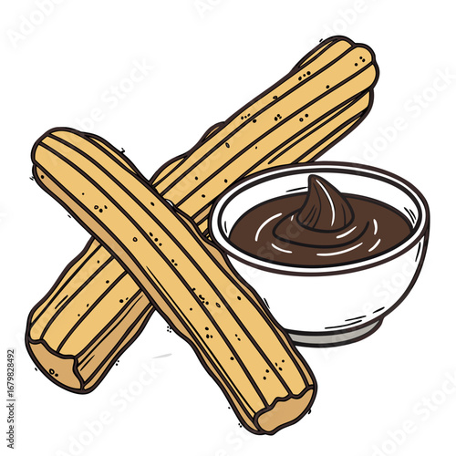 Churros Delight: A tempting depiction of golden-brown churros paired with a rich chocolate dipping sauce, perfect for food-themed projects and visual storytelling.