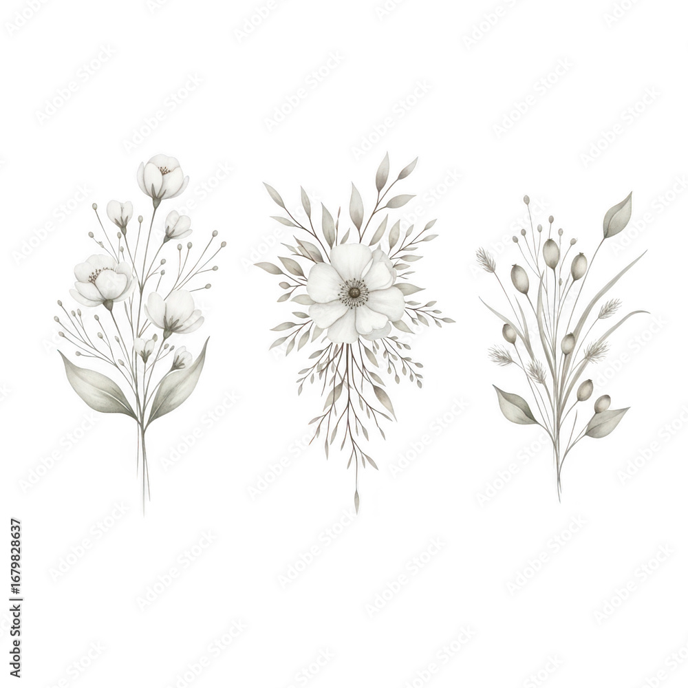 Obraz premium Monochromatic floral arrangements isolated on transparent background