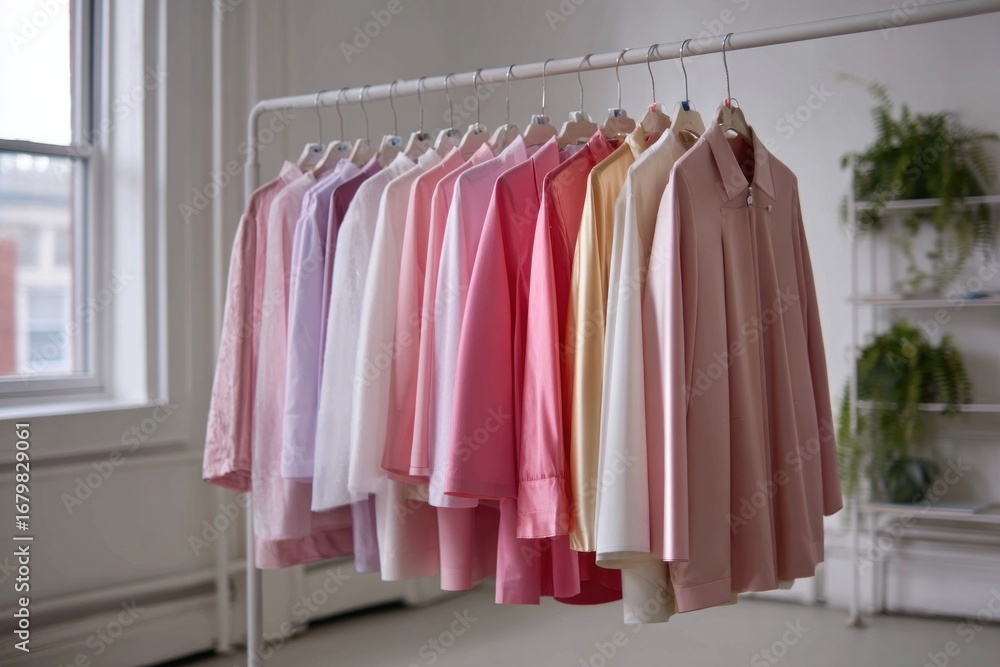 custom made wallpaper toronto digitalPastel colored shirts displayed on clothing rack, revealing soft hues and contemporary fashion styling within minimalist retail showroom interior
