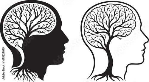 Human Head Silhouette with Abstract Brain Tree VectorMental Health, Idea, Creativity, Growth, Neuroscience, and Wellness Icon