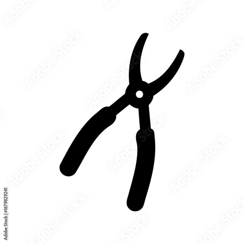Black silhouette of curved pliers tool on a solid white background