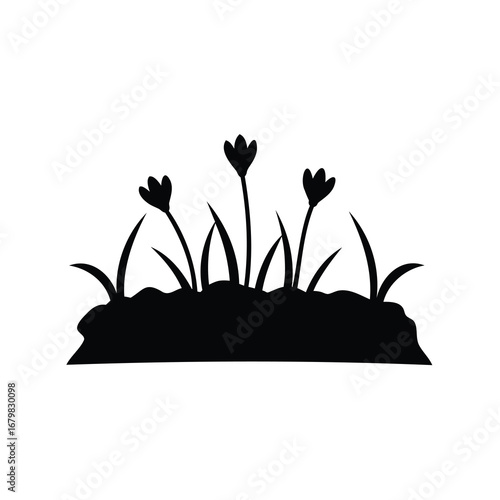 Simple Silhouette of Flowers and Grass Growing From a Mound of Soil
