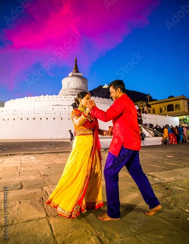 Couple dancing in front of stupa at night