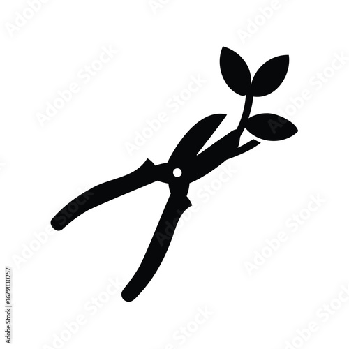 Black and white illustration of gardening shears cutting a plant stem
