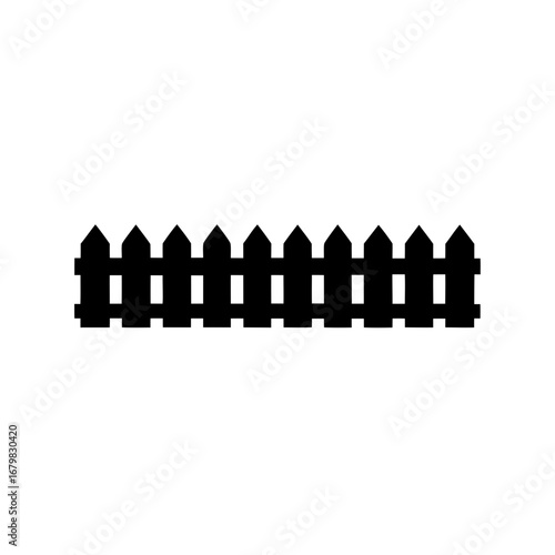 Silhouette image of a simple wooden fence in black on white backdrop