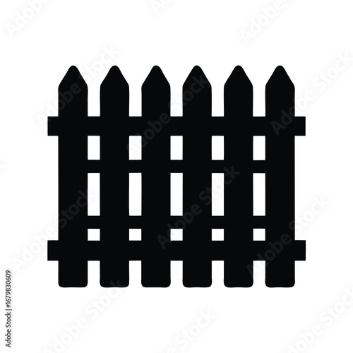 Black silhouette of a classic picket fence against a white background
