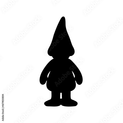 Black silhouette of a garden gnome with pointy hat and small stature