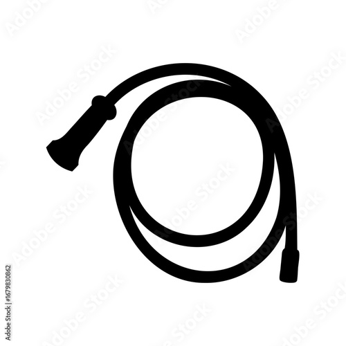 Black silhouette of a garden hose curled in a loop on white