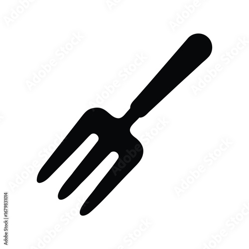Simple black silhouette of a three pronged fork on a white background