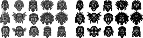Set of african tribal masks.Collection of different indian, aztec mask. Ethnic wooden mask. Vector illustration of ancient face on white background.
