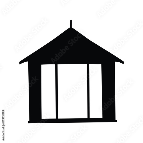 Silhouette of a simple open structure with a peaked roof and pillars