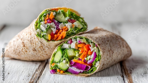 Fresh vegetable wraps, colorful ingredients in whole grain tortillas, perfect for a healthy snack or meal option.